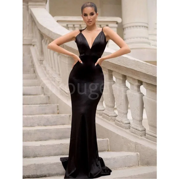 Black Deep V Neck Backless Ruched Long Slip Sheath Dress Evening Gown Prom - Picture 6 of 16